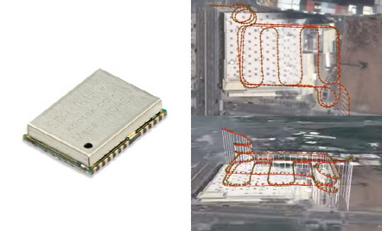 SDR-1612GB / SDR-1612GL Module Image(왼), DR수신기로 지하주차장 운행 경로를 구글지도에 표시한 결과이미지(오)